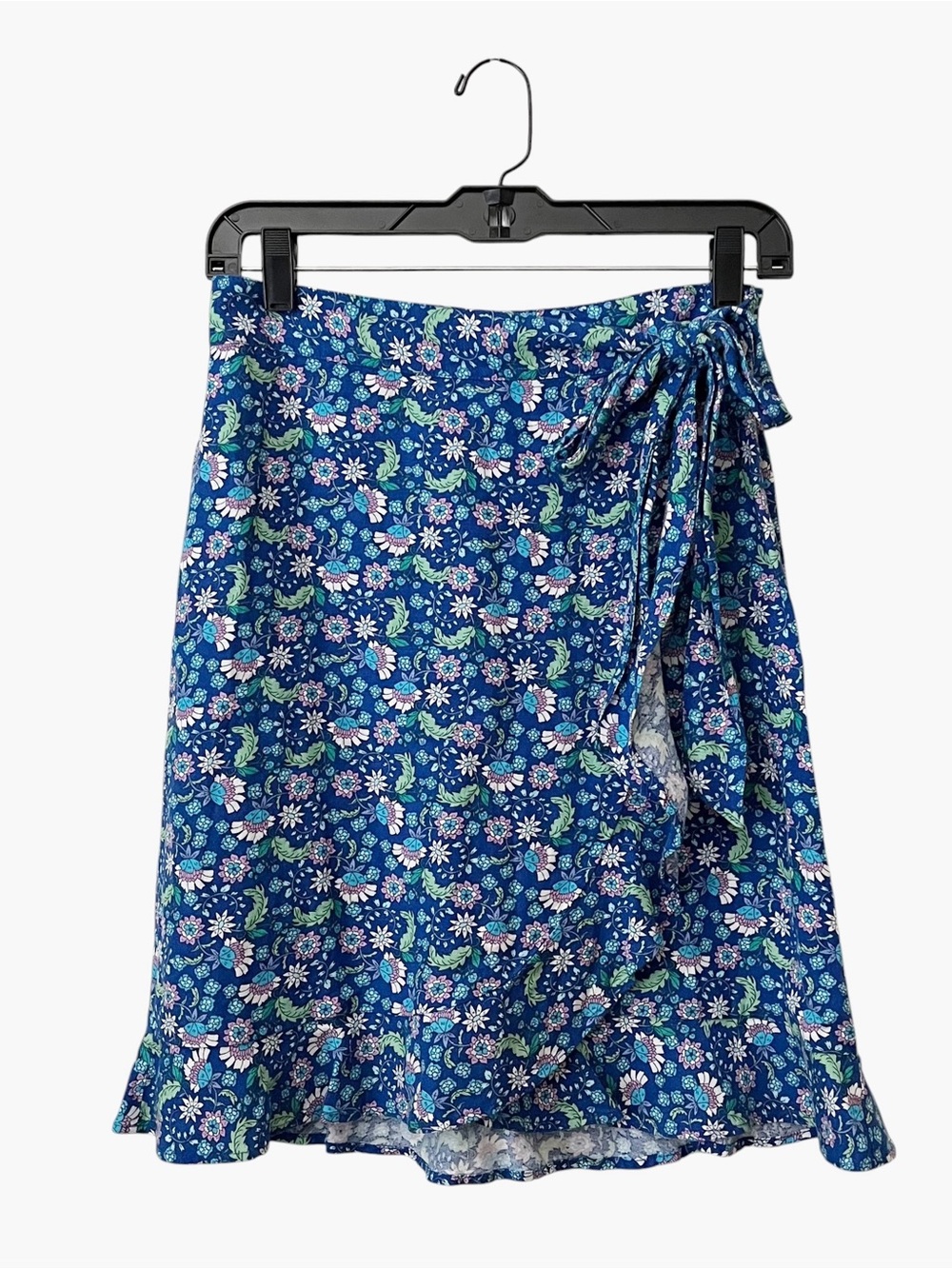 Ann Taylor Loft Ruffle Wrap Skirt Womens Size 0 Blue Linen Floral Side Tie Waist